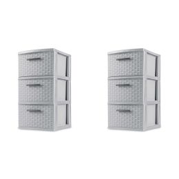 3 Drawer Weave Tower Plastic, White, Set of 2 - Cement