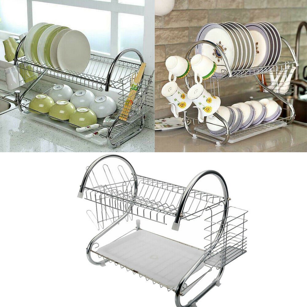 2 Tier Dish Drying Rack Drainer Stainless Steel Kitchen Cutlery Holder Shelf - Silver 2 Tier Dish Drying Rack Drainer Stainless Steel Kitchen Cutlery Holder Shelf - Silver