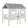 Twin Size Low Loft House Bed with Roof and Two Front Windows - White