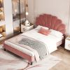 Full Size Upholstered Platform Bed with Flower Pattern Velvet Headboard, Bean Paste Red - as Pic