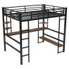 Full Size Loft Metal&MDF Bed with Long Desk and Shelves - Black