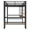 Full Size Loft Metal&MDF Bed with Long Desk and Shelves - Black