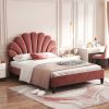 Full Size Upholstered Platform Bed with Flower Pattern Velvet Headboard, Bean Paste Red - as Pic