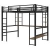 Full Size Loft Metal&MDF Bed with Long Desk and Shelves - Black