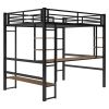 Full Size Loft Metal&MDF Bed with Long Desk and Shelves - Black